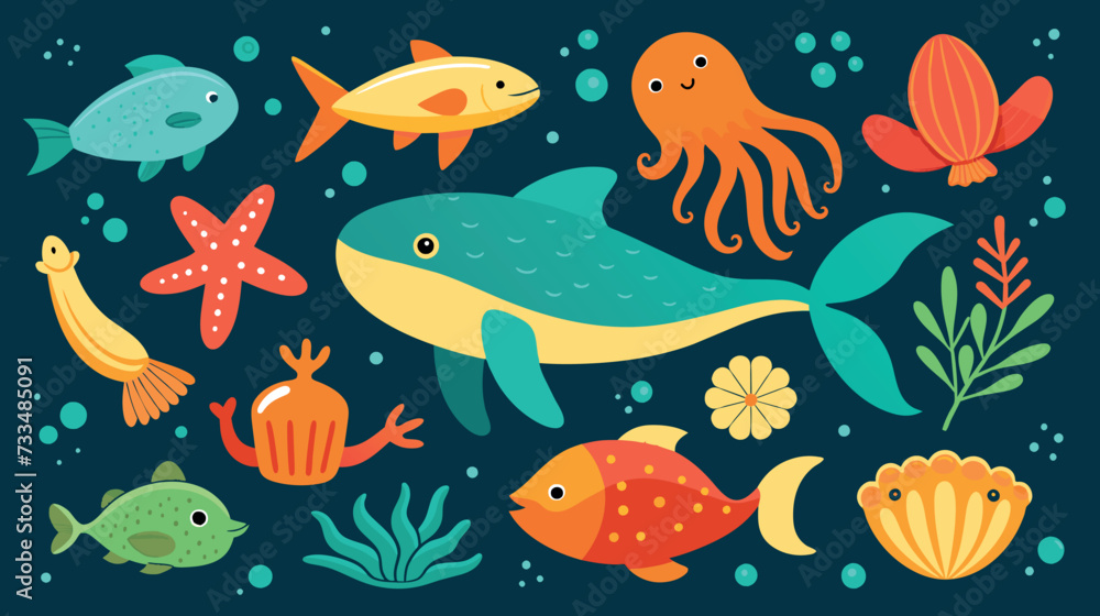 Fototapeta premium Colorful underwater sea life illustration with various fish
