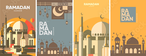 A collection of four Ramadan Kareem vector banners with mosque silhouettes, crescent moons, lanterns, and geometric elements.