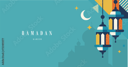 Modern flat design illustration for Ramadan Kareem with hanging lanterns, a crescent moon, stars, and mosque silhouette in a cool teal.