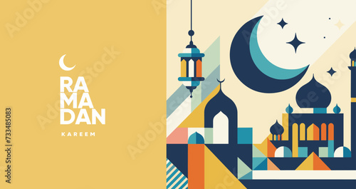Stylized vector illustration of Ramadan Kareem with a crescent moon, stars, traditional lantern, and mosque silhouette.
