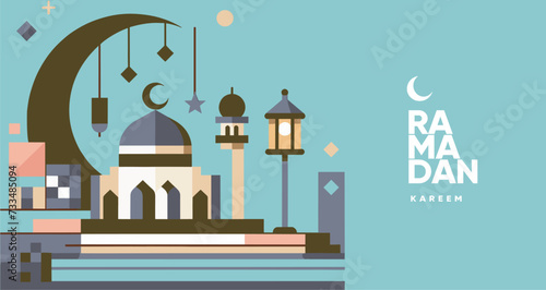 A serene and contemporary vector illustration for Ramadan Kareem, featuring a pastel teal background with a large crescent moon, traditional lanterns, and a mosque with a dome and minarets.