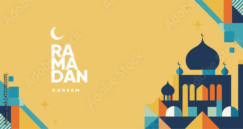 Vector illustration for Ramadan Kareem, featuring a mosque with elegant domes and minarets, a stylized crescent moon, stars, and geometric shapes, all composed against a vibrant yellow background
