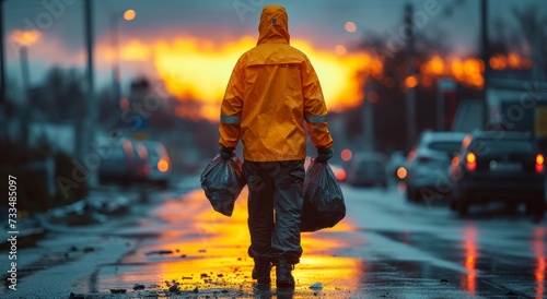 A solitary figure trudges through the rain, weighed down by bags and the weight of the world, as the sun sets on the slick streets of the city