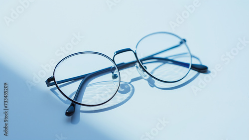 A pair of eyeglasses with round frames on a blue surface