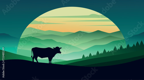 Silhouette of a cow against a layered mountain backdrop