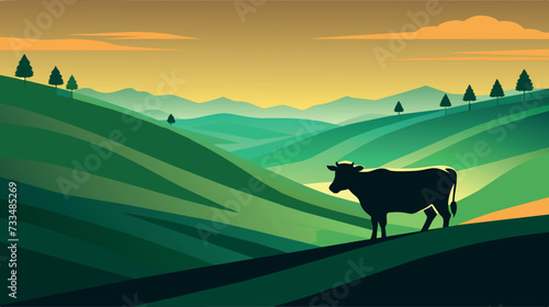 Serene landscape with cow silhouette at sunset