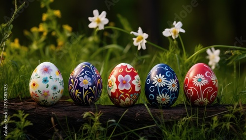 Various Easter eggs with spring numbers pattern theme and spring flowers in Green Grass background