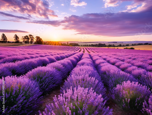 A serene countryside scene featuring a vast expanse of blooming purple lavender plants.