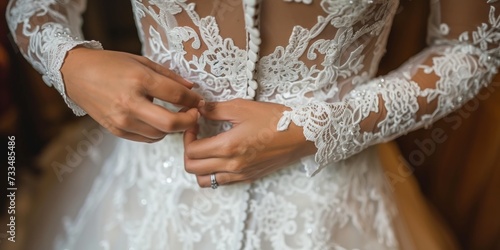 Hands Fasten Delicate Beadwork on a Bridal Gown, Symbolizing the Care and Precision of Wedding Day Preparations, Generative AI