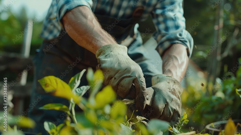 Naklejka premium Close up of strong man in gloves cutting leaves in his garden. Farmer spending summer morning working in garden near countryside house.