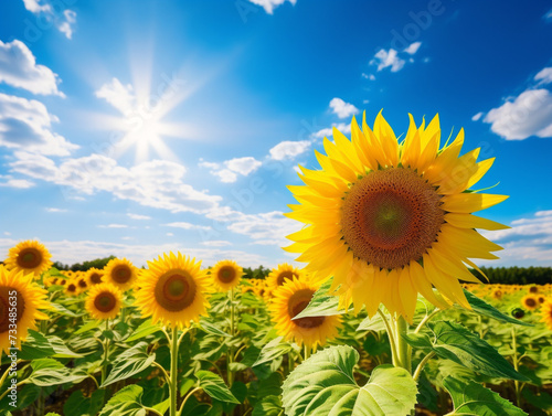 A vibrant sunflower field stretches towards the horizon, bathed in the warmth of a sunny day.
