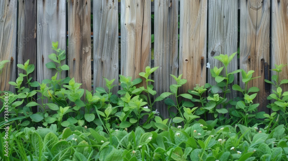 Fresh spring green grass and leaf plant over wood fence background Fresh spring green grass and leaf plant over wood fence background