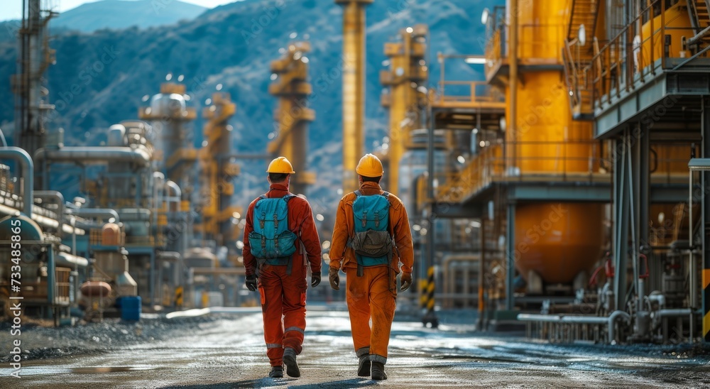 Amid the bustling factory floor, two blue-collar workers don their protective gear and set off on their daily mission to build and create, their hard hats and workwear serving as a symbol of dedicati