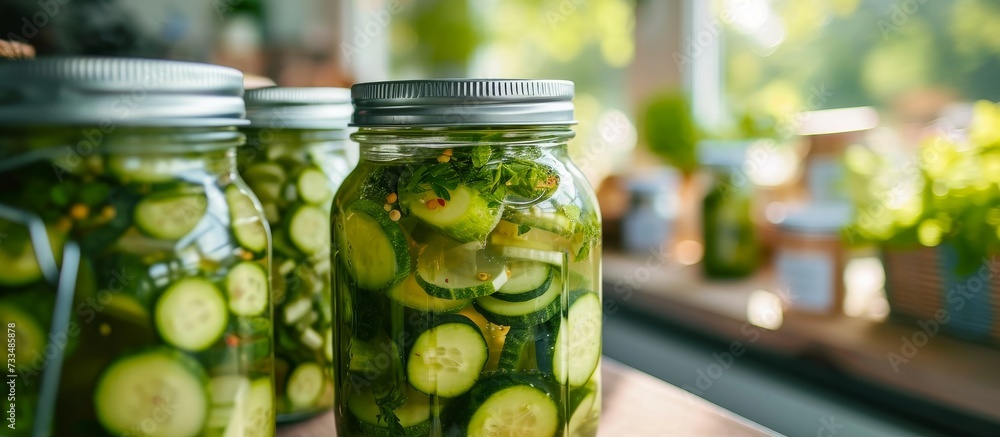 Storing homegrown cucumbers in glass jars, close-up with selective focus. Storing homegrown cucumbers in glass jars, close-up with selective focus.