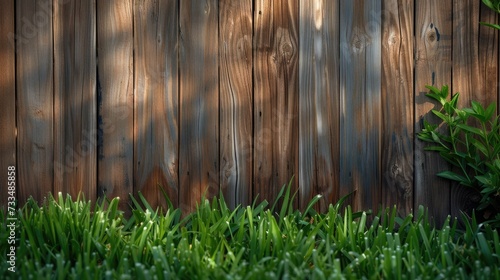 Fresh spring green grass and leaf plant over wood fence background photo