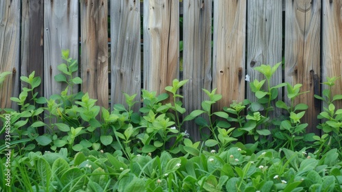 Fresh spring green grass and leaf plant over wood fence background © buraratn