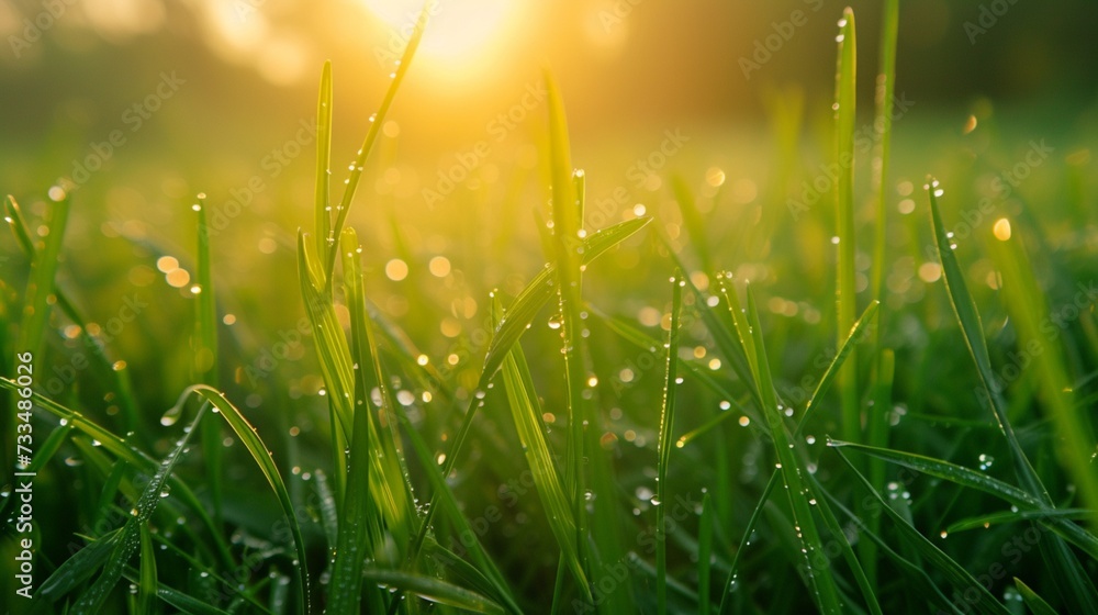 Green grass with morning dew at sunrise. Macro image, shallow depth of field. Beautiful summer nature background