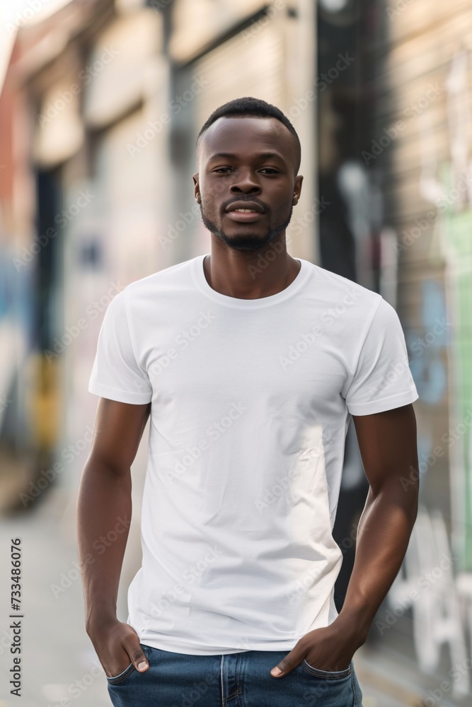 white men's tshirt print on demand mockup on man blurred background - generative ai white men's tshirt print on demand mockup on man blurred background - generative ai