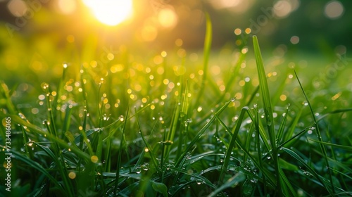 Green grass with morning dew at sunrise. Macro image, shallow depth of field. Beautiful summer nature background