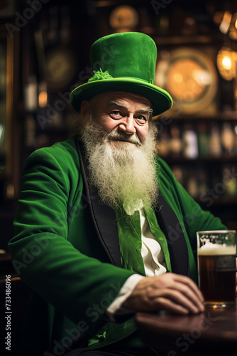 Man celebrating Saint Patricks day in a pub holding a beer in green suit and hat