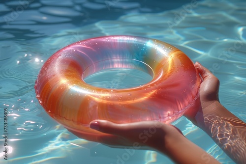 A vibrant summer day spent lounging in the refreshing water of a swimming pool, the gentle grip of a hand on a colorful float providing a sense of carefree joy and relaxation