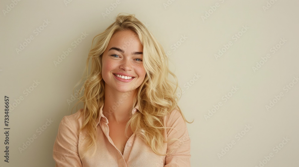 Pretty smiling joyfully female with fair hair, dressed casually, looking with satisfaction at camera, being happy. Studio shot of good-looking beautiful woman isolated against blank studio wall. Pretty smiling joyfully female with fair hair, dressed casually, looking with satisfaction at camera, being happy. Studio shot of good-looking beautiful woman isolated against blank studio wall.