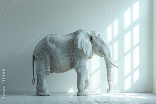 A majestic white elephant with massive tusks stands tall against a wall, embodying the strength and beauty of terrestrial animals from both asian and african cultures