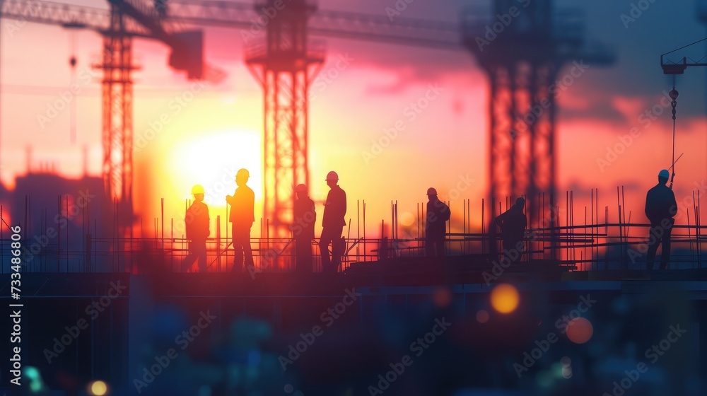 Silhouette Teams of Business Engineers looking for blueprints in construction sites through blurry construction sites at sunset. Silhouette Teams of Business Engineers looking for blueprints in construction sites through blurry construction sites at sunset.