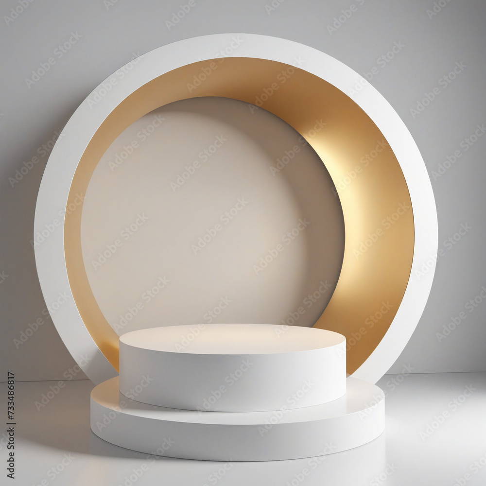 3d render, abstract minimalist white background with empty hemispheric pedestals for product presentation, golden round arch and reflection in the water 3d render, abstract minimalist white background with empty hemispheric pedestals for product presentation, golden round arch and reflection in the water