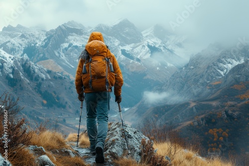A lone mountaineer braves the wintry landscape, standing in awe of the fog-shrouded mountain as they hike through the snow-covered terrain, surrounded by the vast expanse of nature and the ever-chang