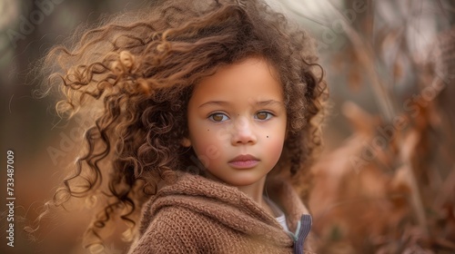 Sweet little girl outdoors with curly hair in the wind © buraratn