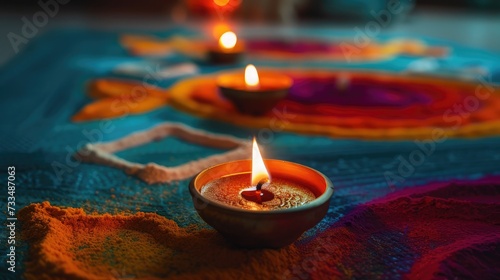 Traditional diya lamp lit on colorful rangoli