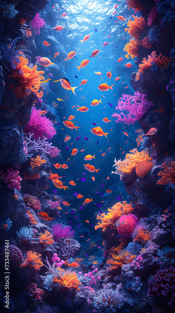 Vibrant underwater scene with colorful corals and fish.