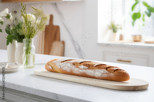 Freshly baked baguette in white modern kitchen ready to eat for breakfast photo
