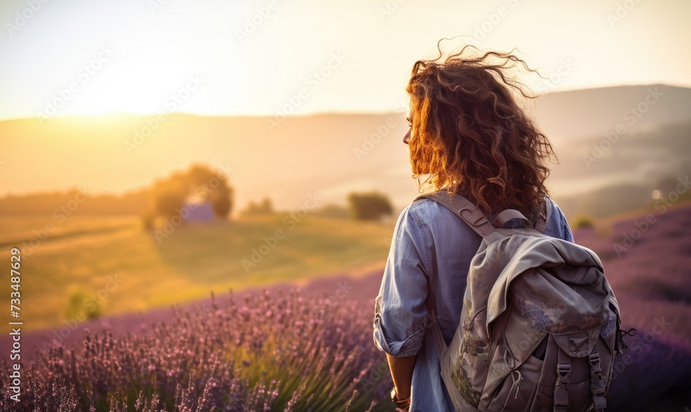 Sunset in Provence: Back View of a Happy Tourist Woman Exploring the Lavender Fields in France. The Tranquil Landscape and Purple Blooms Contribute to a Serene and Adventure-Filled Evening.
Sunset in Provence: Back View of a Happy Tourist Woman Exploring the Lavender Fields in France. The Tranquil Landscape and Purple Blooms Contribute to a Serene and Adventure-Filled Evening.