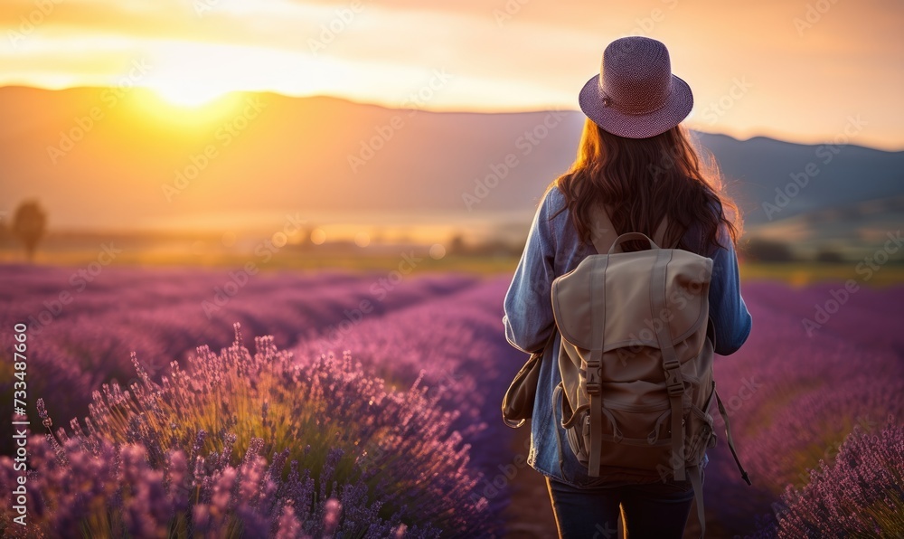 Fototapeta premium Sunset in Provence: Back View of a Happy Tourist Woman Exploring the Lavender Fields in France. The Tranquil Landscape and Purple Blooms Contribute to a Serene and Adventure-Filled Evening.