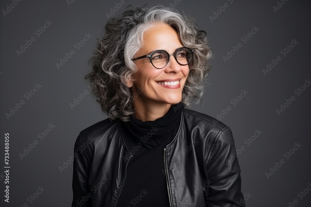 Portrait of a happy senior woman in black leather jacket and glasses