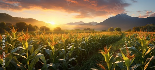 Corn cobs on the background of a cornfield in the sunlight at sunset