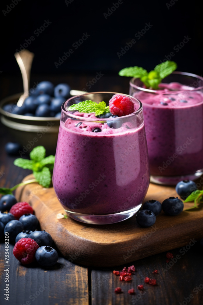 Blueberry smoothie in two glasses on dark background with fresh blueberries and mint leaves Blueberry smoothie in two glasses on dark background with fresh blueberries and mint leaves