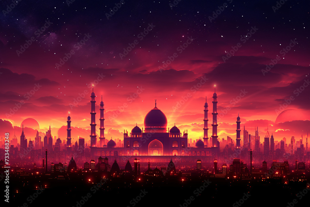 A majestic mosque amidst a futuristic cityscape, under a starry sky at sunset