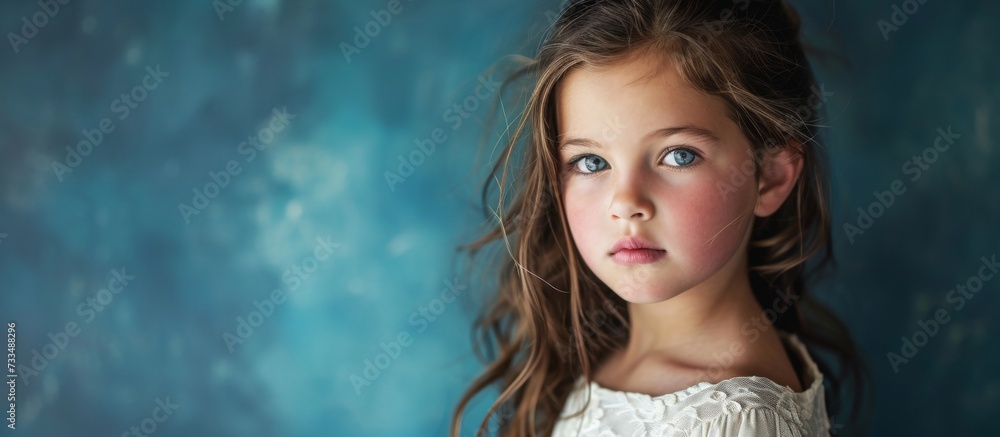Fototapeta premium Blue drop used as backdrop for stunning studio portrait of young girl.