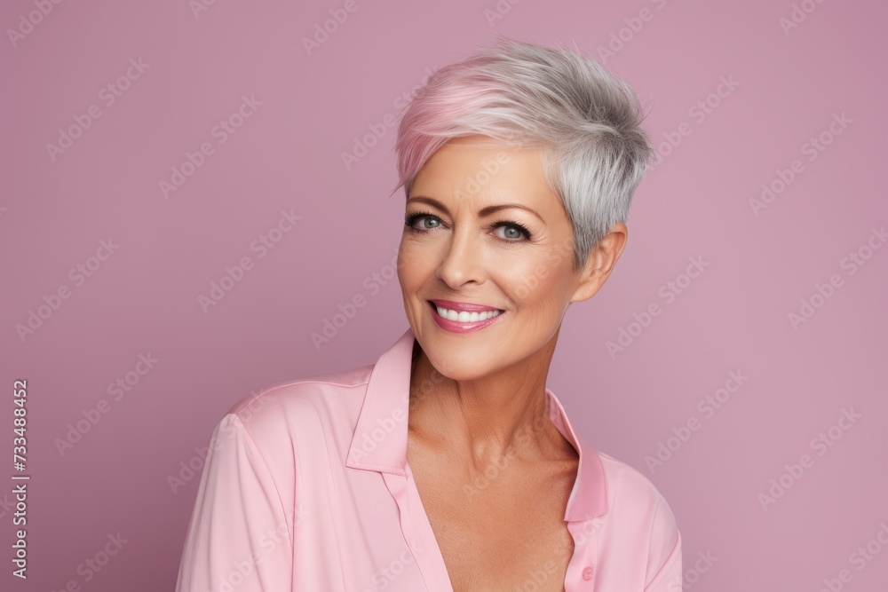 Portrait of a beautiful senior woman with short pink hair over pink background Portrait of a beautiful senior woman with short pink hair over pink background