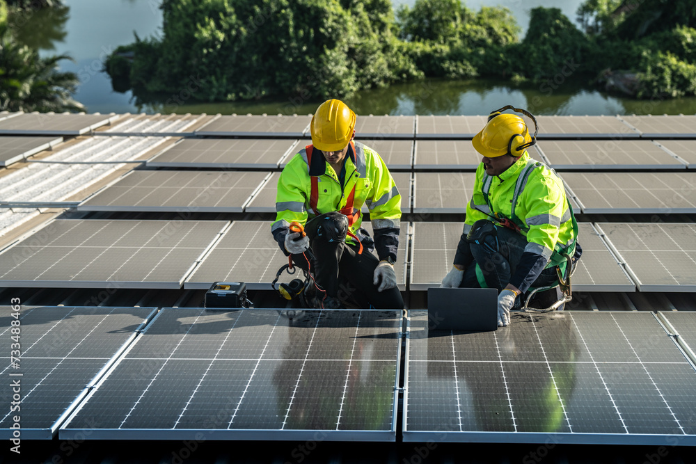 Worker Technicians are working to construct solar panels system on roof. Installing solar photovoltaic panel system. Alternative energy ecological concept. Renewable clean energy technology concept. Worker Technicians are working to construct solar panels system on roof. Installing solar photovoltaic panel system. Alternative energy ecological concept. Renewable clean energy technology concept.