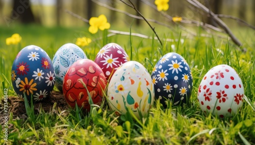 Various Easter eggs and spring flowers in Green Grass background