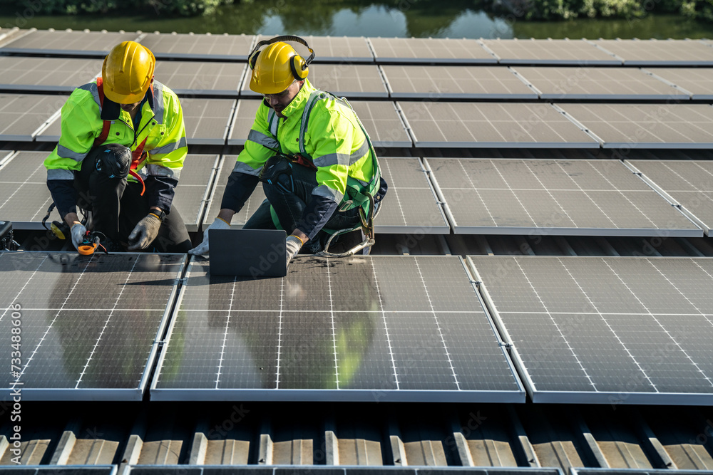 Worker Technicians are working to construct solar panels system on roof. Installing solar photovoltaic panel system. Alternative energy ecological concept. Renewable clean energy technology concept. Worker Technicians are working to construct solar panels system on roof. Installing solar photovoltaic panel system. Alternative energy ecological concept. Renewable clean energy technology concept.