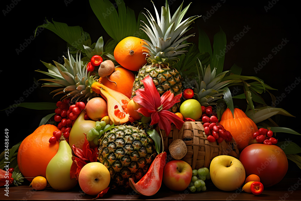  arrangement features an assortment of fresh fruits. Two ripe pineapples take center stage, surrounded by vibrant peaches and perfectly yellow bananas