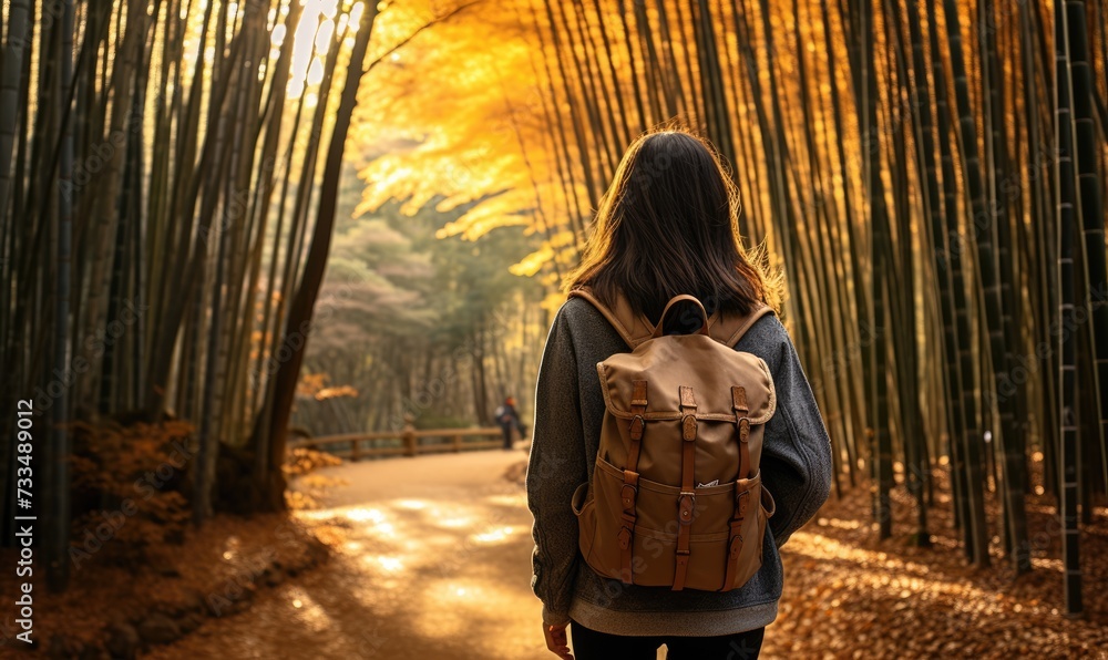 Fototapeta premium Tranquil Kyoto Evening: Happy 45-50-Year-Old Tourist Woman Walks Through the Enchanting Bamboo Forest during Sunset, Captivated by the Serene Beauty of Japanese Nature.