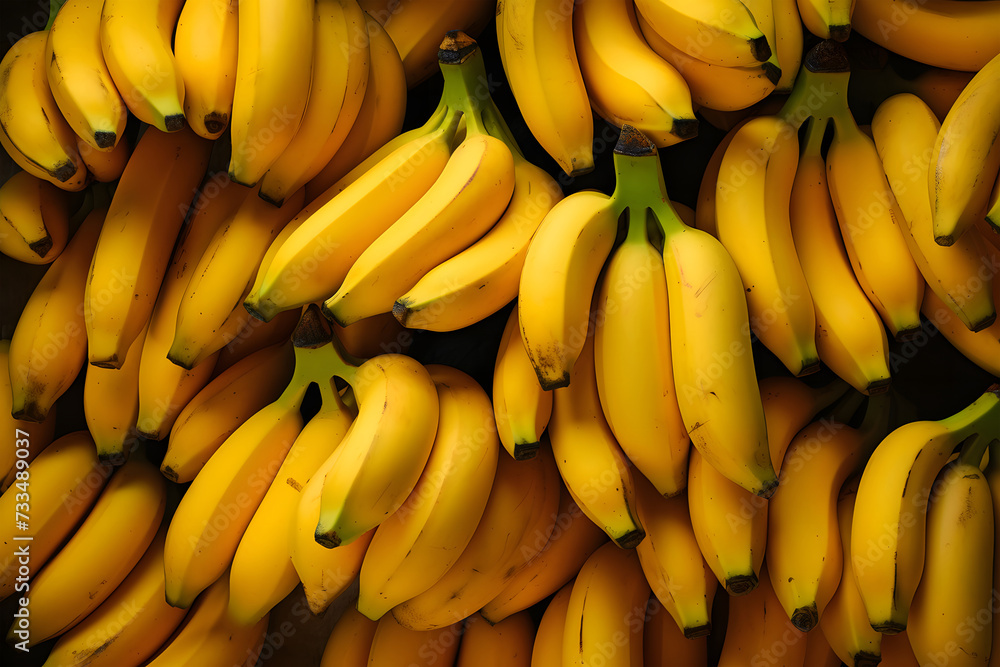 ripe yellow bananas. They are arranged in bunches, and their curved shapes create an appealing visual.