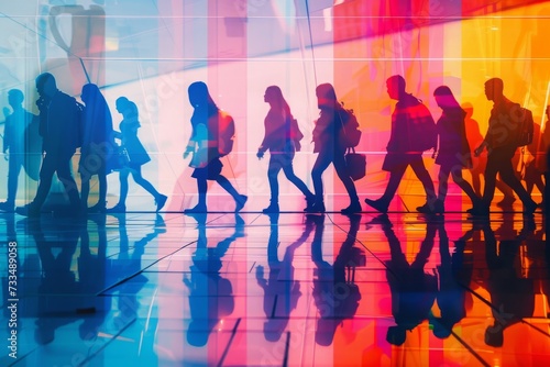 A Mosaic of Colorful Walking Silhouettes and Their Reflections, Symbolizing the Dynamic Flow of Urban Life, Generative AI