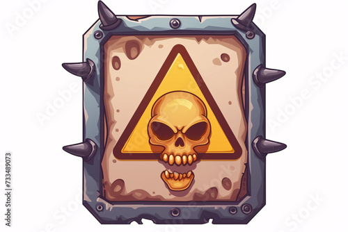 A warning sign with a skull, encased in a spiked metal frame photo